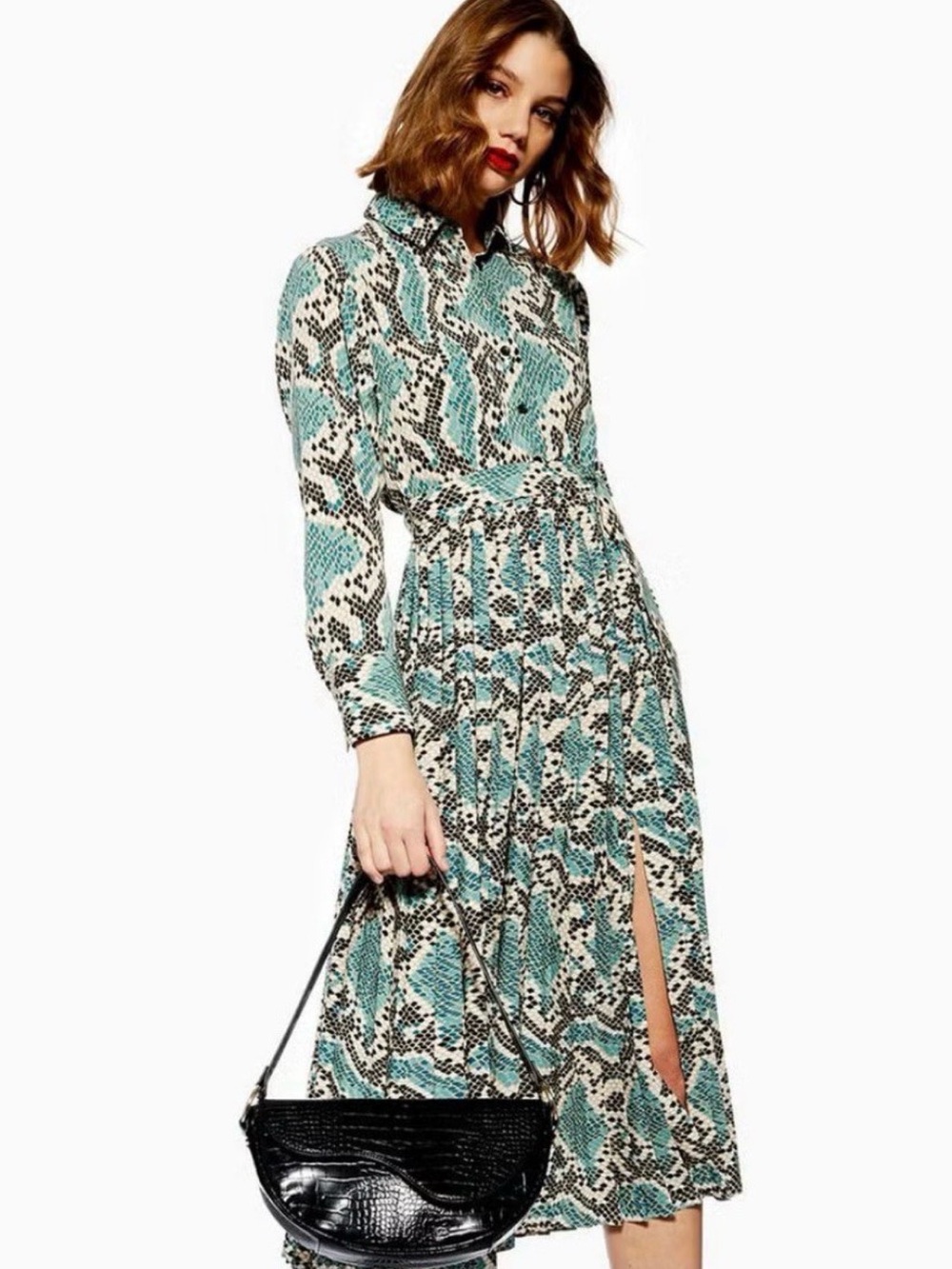 Printed Button-Front Midi Dress in Teal Snake Print